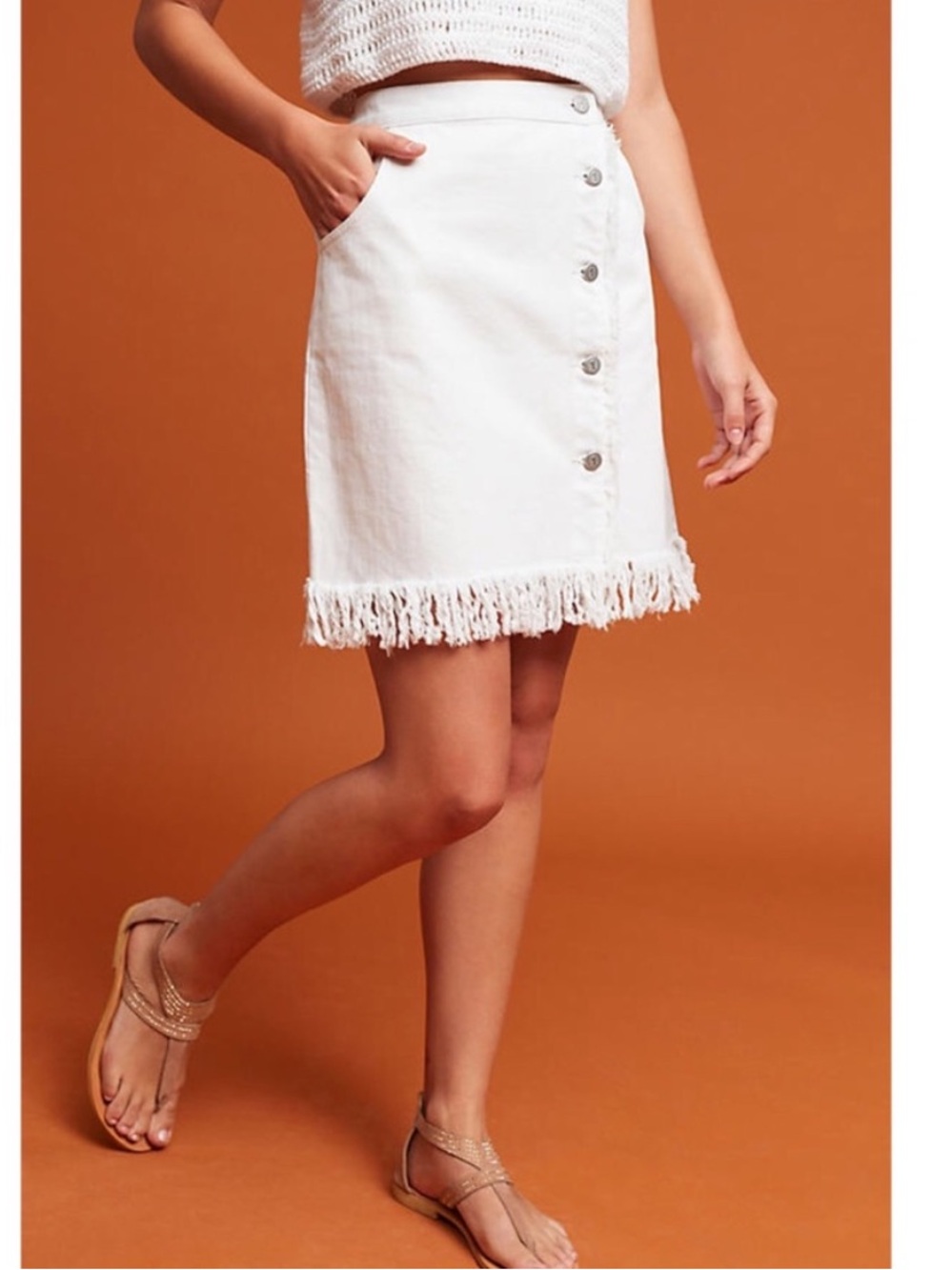 Anthropologie Pilcro White Fringe Denim Skirt Sz 6